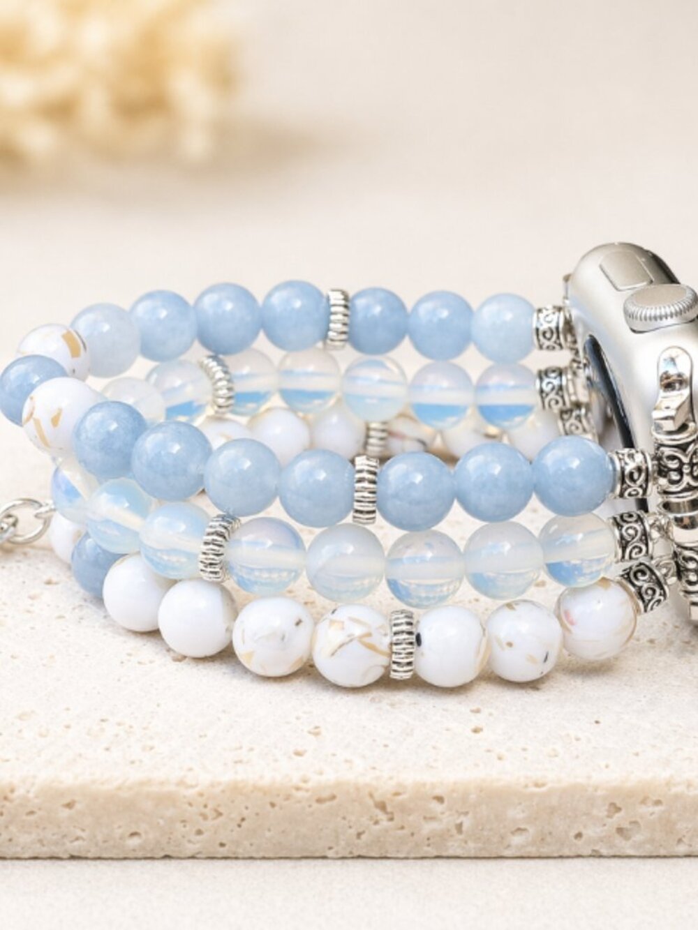 Apple Watch Band 38/40mm Aquamarine Opal Crystal Silver Initial Charm Bracelet